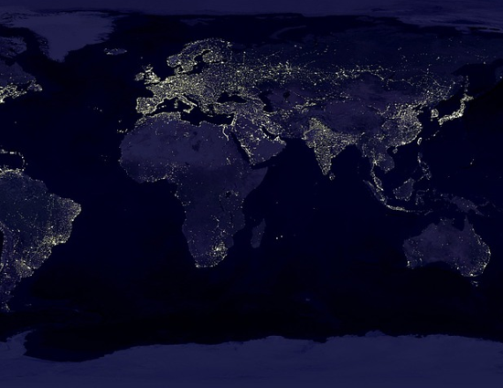 World map showing lit up cities