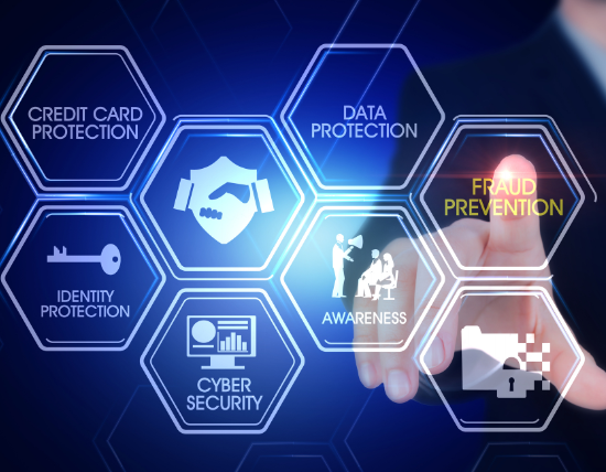 a finger pressing a button marked fraud prevention.
