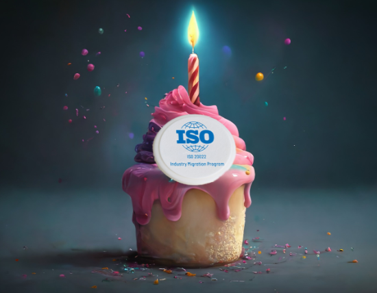 A cupcake with a single candle and the words ISO 20022 Migration on it. 